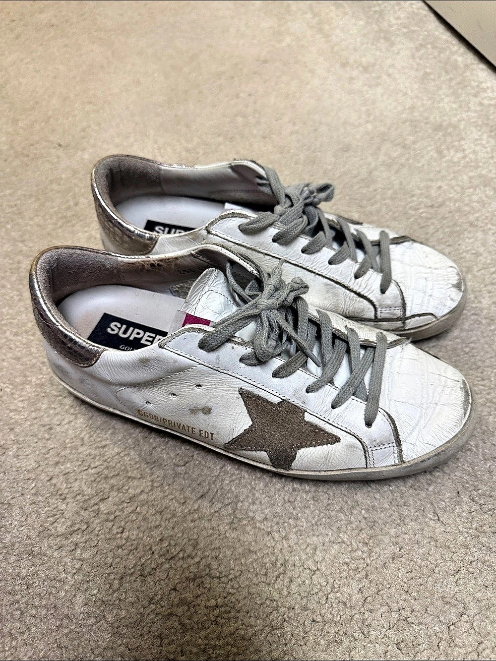 Golden Goose Super-Star Sneaker in White Leather with Silver Croc-Embossed Heel